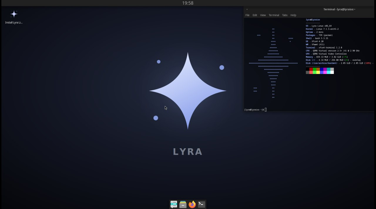 Lyra Linux XFCE desktop with the star wallpaper, dark theme and a bottom dock